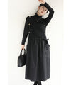 【セール商品返品交換不可】（S~L対応）（黒）リュクスな金ボタンの異素材合わせミディアムワンピース
