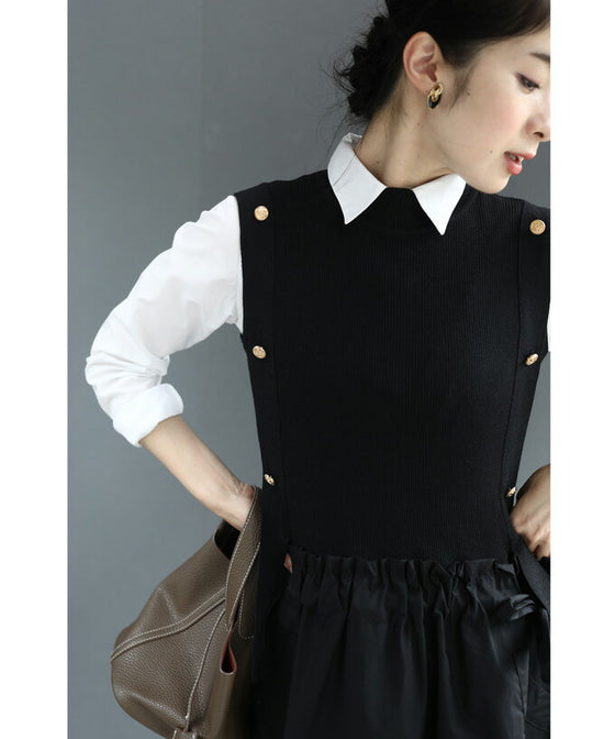 【セール商品返品交換不可】（S~L対応）（黒）リュクスな金ボタンの異素材合わせミディアムワンピース