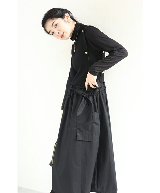 【セール商品返品交換不可】（S~L対応）（黒）リュクスな金ボタンの異素材合わせミディアムワンピース