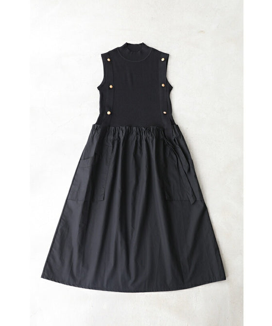 【セール商品返品交換不可】（S~L対応）（黒）リュクスな金ボタンの異素材合わせミディアムワンピース