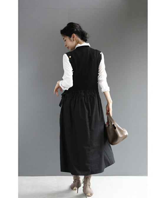 【セール商品返品交換不可】（S~L対応）（黒）リュクスな金ボタンの異素材合わせミディアムワンピース