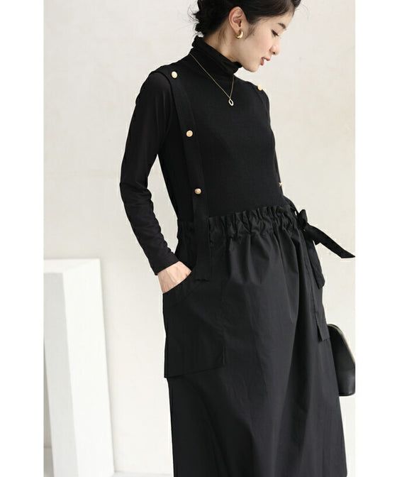 【セール商品返品交換不可】（S~L対応）（黒）リュクスな金ボタンの異素材合わせミディアムワンピース