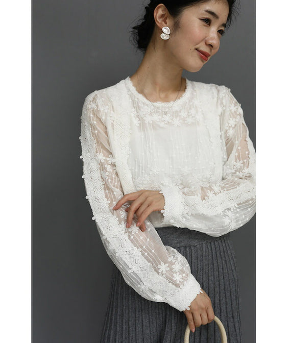 【セール商品返品交換不可】愛らしい小花のレースブラウストップス