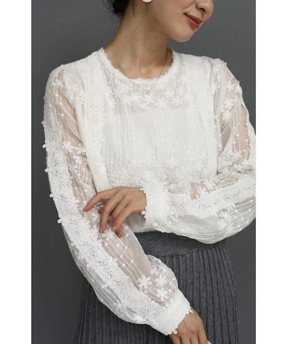 【セール商品返品交換不可】愛らしい小花のレースブラウストップス