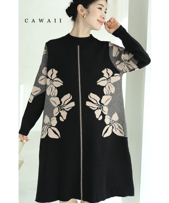 【セール商品返品交換不可】（S~3L対応）（黒）くびれラインを描く花画ニットチュニックワンピース