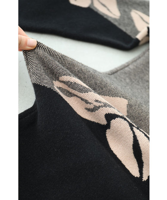 【セール商品返品交換不可】（S~3L対応）（黒）くびれラインを描く花画ニットチュニックワンピース