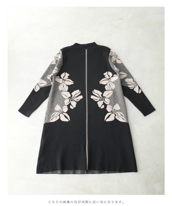 【セール商品返品交換不可】（S~3L対応）（黒）くびれラインを描く花画ニットチュニックワンピース