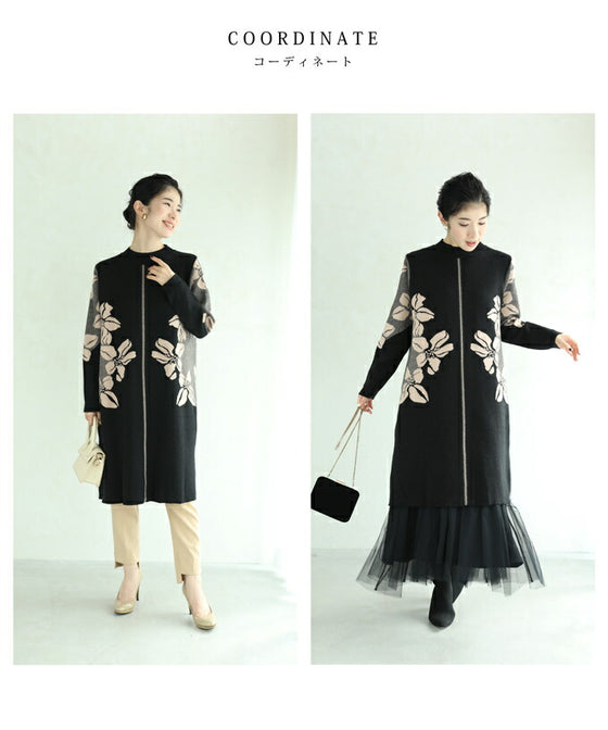 【セール商品返品交換不可】（S~3L対応）（黒）くびれラインを描く花画ニットチュニックワンピース