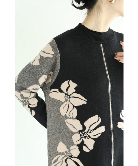【セール商品返品交換不可】（S~3L対応）（黒）くびれラインを描く花画ニットチュニックワンピース