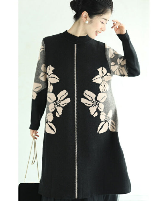 【セール商品返品交換不可】（S~3L対応）（黒）くびれラインを描く花画ニットチュニックワンピース
