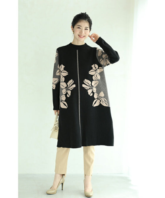 【セール商品返品交換不可】（S~3L対応）（黒）くびれラインを描く花画ニットチュニックワンピース