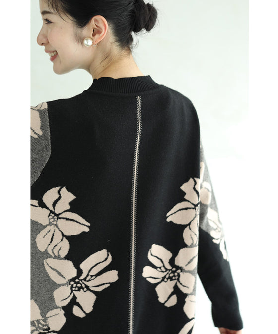 【セール商品返品交換不可】（S~3L対応）（黒）くびれラインを描く花画ニットチュニックワンピース