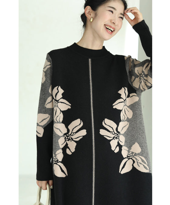 【セール商品返品交換不可】（S~3L対応）（黒）くびれラインを描く花画ニットチュニックワンピース