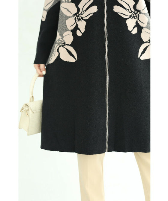 【セール商品返品交換不可】（S~3L対応）（黒）くびれラインを描く花画ニットチュニックワンピース