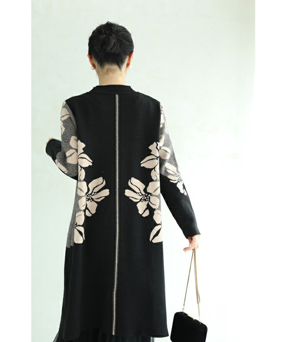 【セール商品返品交換不可】（S~3L対応）（黒）くびれラインを描く花画ニットチュニックワンピース