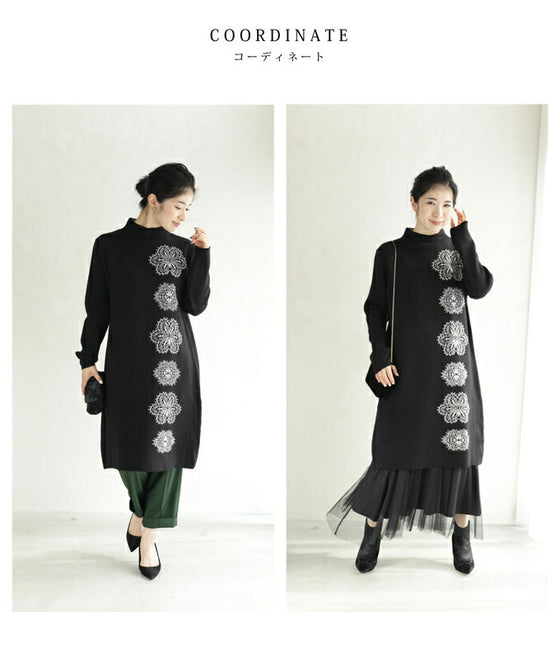 【セール商品返品交換不可】（S~2L対応）（黒）連なる六花ニットミディアムワンピース