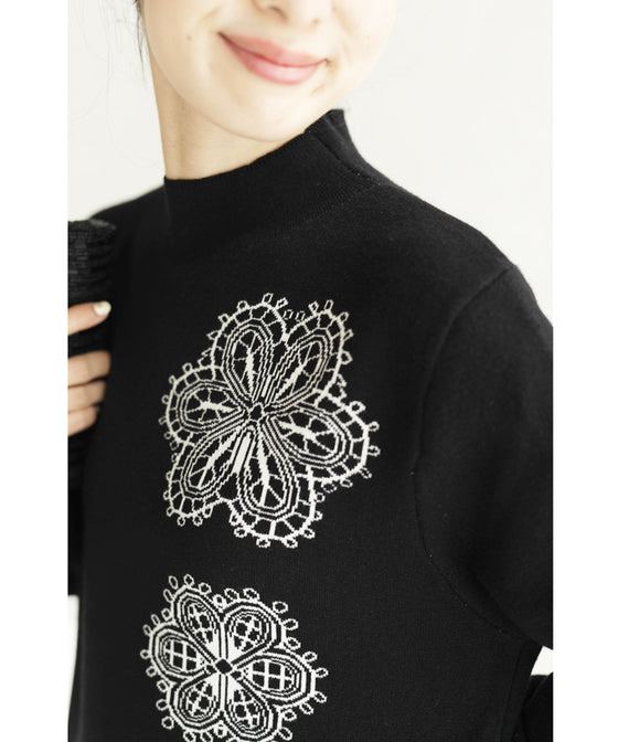 【セール商品返品交換不可】（S~2L対応）（黒）連なる六花ニットミディアムワンピース