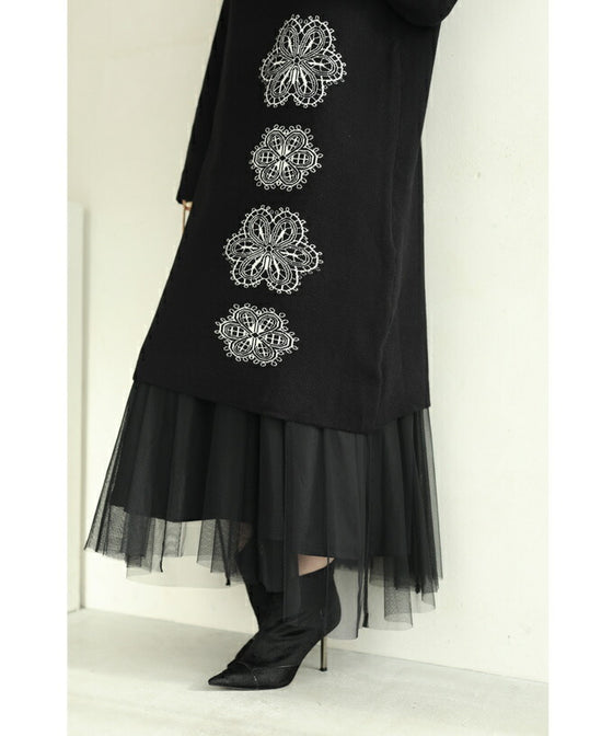 【セール商品返品交換不可】（S~2L対応）（黒）連なる六花ニットミディアムワンピース