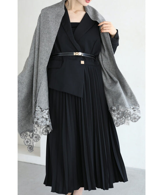 【セール商品返品交換不可】（M対応）（ベルト付き）（黒）ドッキングジャケットのプリーツミディアムワンピース