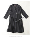 【セール商品返品交換不可】（M対応）（ベルト付き）（黒）ドッキングジャケットのプリーツミディアムワンピース