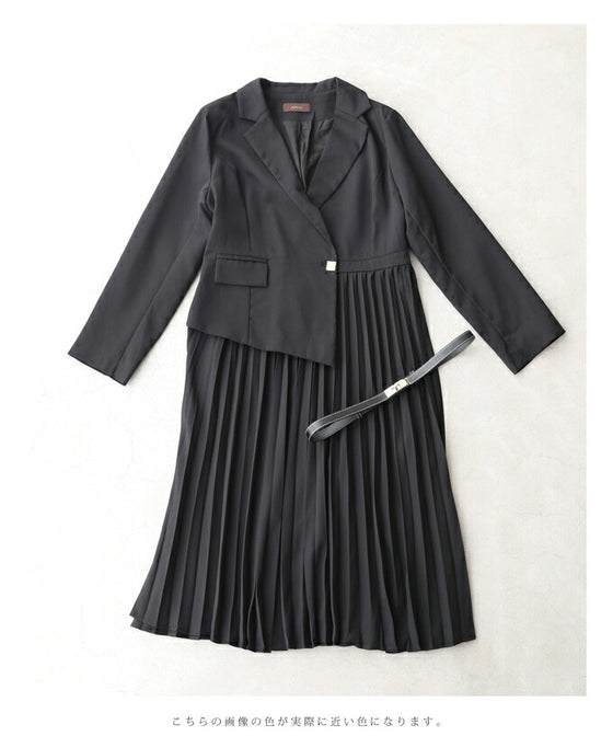 【セール商品返品交換不可】（M対応）（ベルト付き）（黒）ドッキングジャケットのプリーツミディアムワンピース