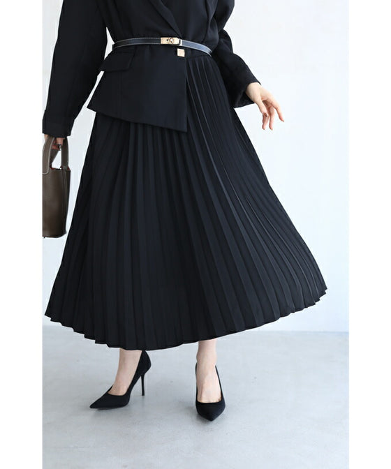 【セール商品返品交換不可】（M対応）（ベルト付き）（黒）ドッキングジャケットのプリーツミディアムワンピース