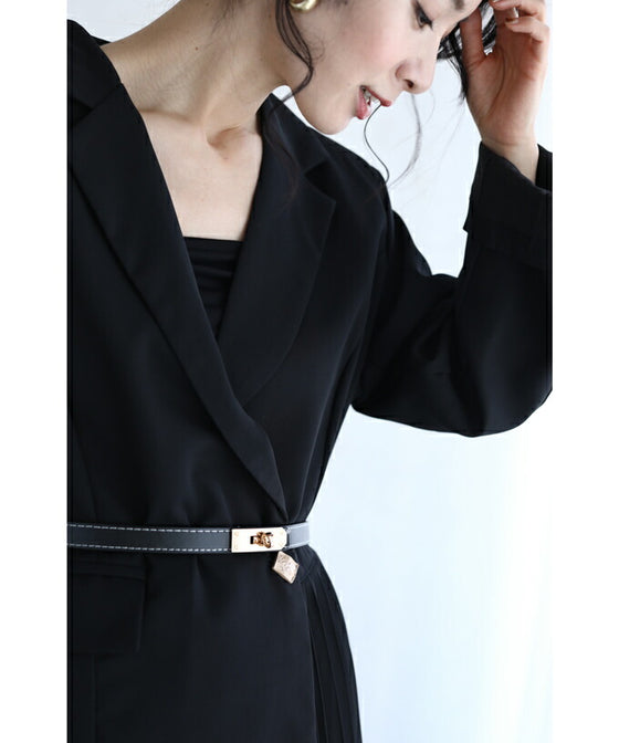 【セール商品返品交換不可】（M対応）（ベルト付き）（黒）ドッキングジャケットのプリーツミディアムワンピース