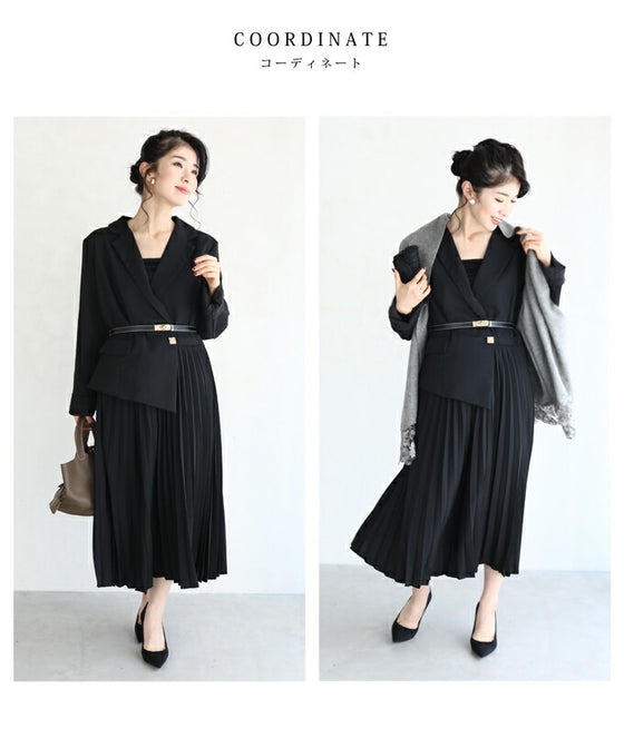 【セール商品返品交換不可】（M対応）（ベルト付き）（黒）ドッキングジャケットのプリーツミディアムワンピース