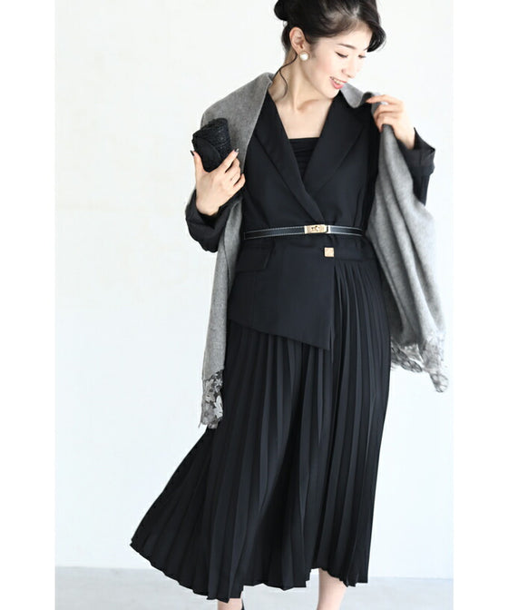 【セール商品返品交換不可】（M対応）（ベルト付き）（黒）ドッキングジャケットのプリーツミディアムワンピース