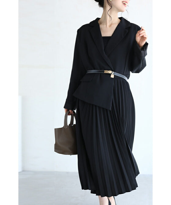 【セール商品返品交換不可】（M対応）（ベルト付き）（黒）ドッキングジャケットのプリーツミディアムワンピース