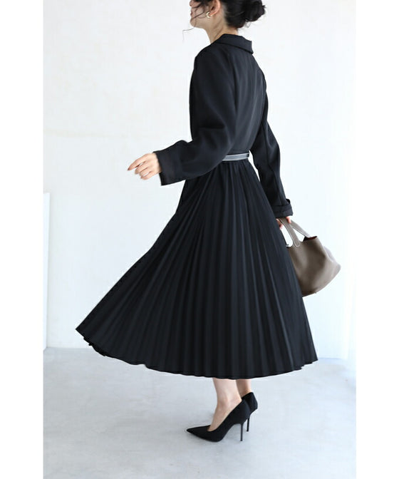 【セール商品返品交換不可】（M対応）（ベルト付き）（黒）ドッキングジャケットのプリーツミディアムワンピース