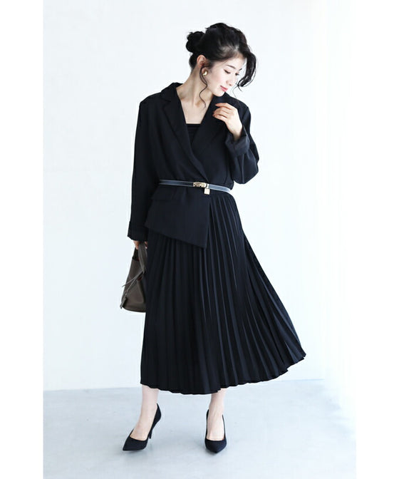 【セール商品返品交換不可】（M対応）（ベルト付き）（黒）ドッキングジャケットのプリーツミディアムワンピース