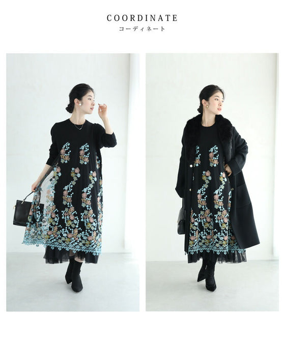 【セール商品返品交換不可】（S~3L対応）（黒）ピンクとブルーの美しい花刺繍ロングワンピース