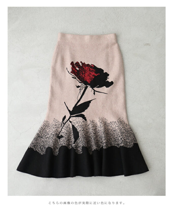 【セール商品返品交換不可】1輪の薔薇が目を惹くマーメイドラインニットスカート