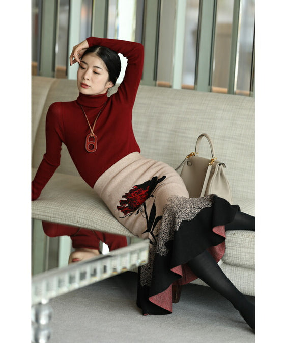 【セール商品返品交換不可】1輪の薔薇が目を惹くマーメイドラインニットスカート