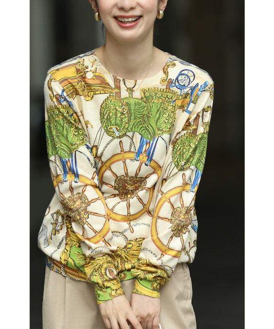 【セール商品返品交換不可】（S~M対応）手触りなめらかなスカーフ柄プルオーバートップス