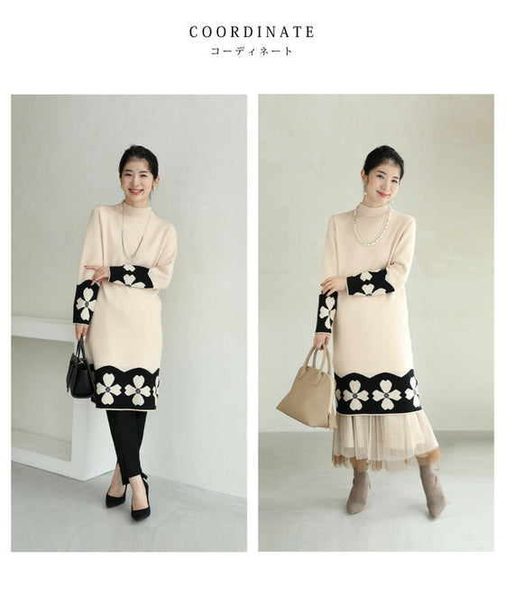 【セール商品返品交換不可】（S~L対応）連なる白花のニットミニワンピース