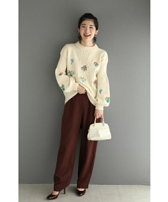 【セール商品返品交換不可】（S~3L対応）色鮮やかな花刺繍咲くポワン袖ニットトップス