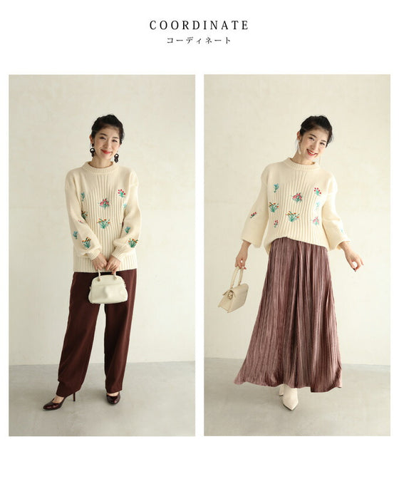 【セール商品返品交換不可】（S~3L対応）色鮮やかな花刺繍咲くポワン袖ニットトップス