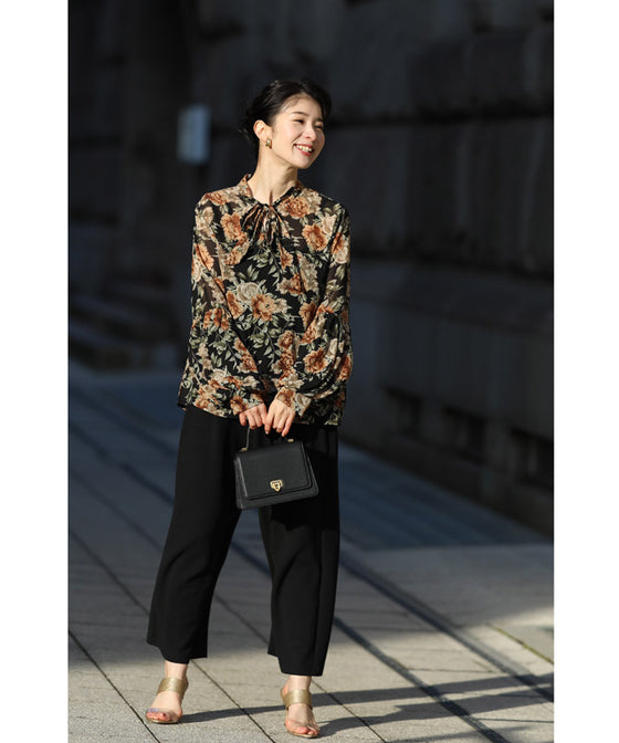 Elegant ribbon-tie blouse top with soft sleeves
