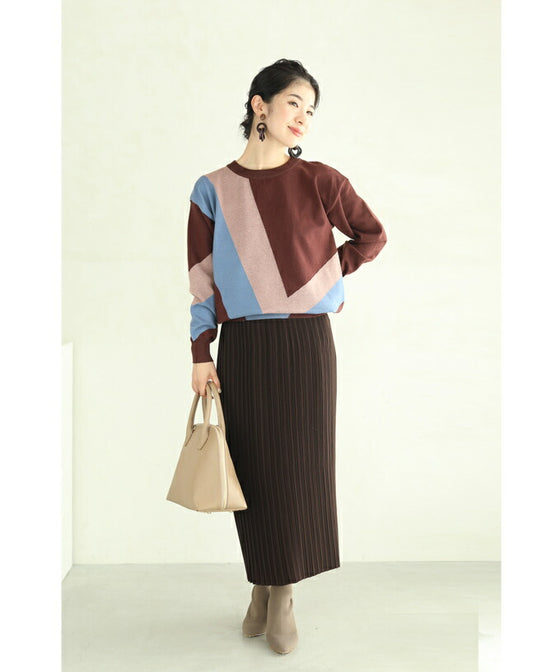 【セール商品返品交換不可】（S~L対応）色遊びカラーブロッキングのニットプルオーバートップス