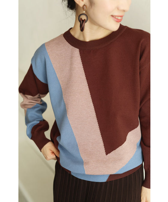 【セール商品返品交換不可】（S~L対応）色遊びカラーブロッキングのニットプルオーバートップス
