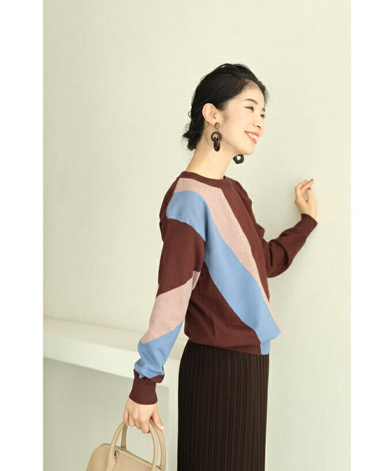 【セール商品返品交換不可】（S~L対応）色遊びカラーブロッキングのニットプルオーバートップス