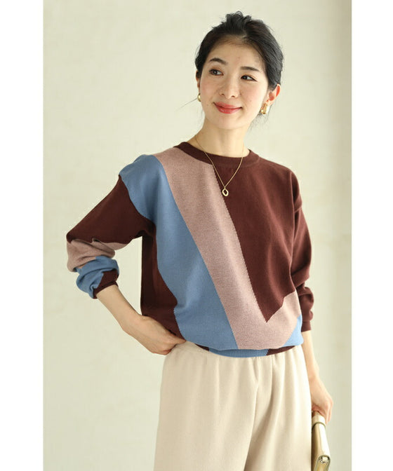 【セール商品返品交換不可】（S~L対応）色遊びカラーブロッキングのニットプルオーバートップス