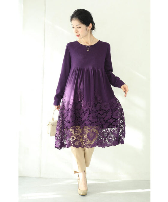 【セール商品返品交換不可】沸き上がる花編みレース裾のニットチュニックワンピース