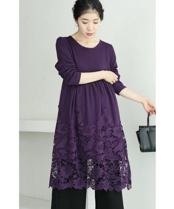 【セール商品返品交換不可】沸き上がる花編みレース裾のニットチュニックワンピース