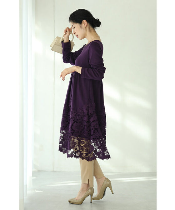 【セール商品返品交換不可】沸き上がる花編みレース裾のニットチュニックワンピース