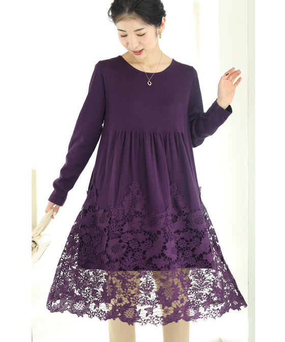 【セール商品返品交換不可】沸き上がる花編みレース裾のニットチュニックワンピース