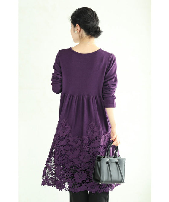 【セール商品返品交換不可】沸き上がる花編みレース裾のニットチュニックワンピース