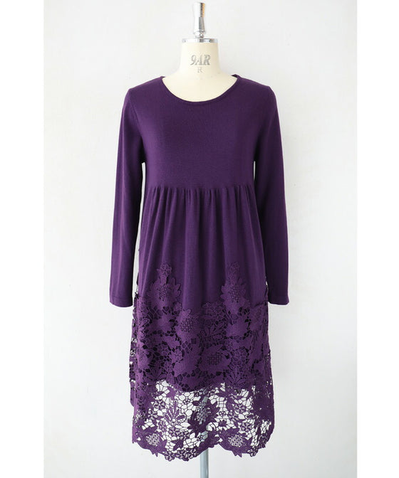 【セール商品返品交換不可】沸き上がる花編みレース裾のニットチュニックワンピース